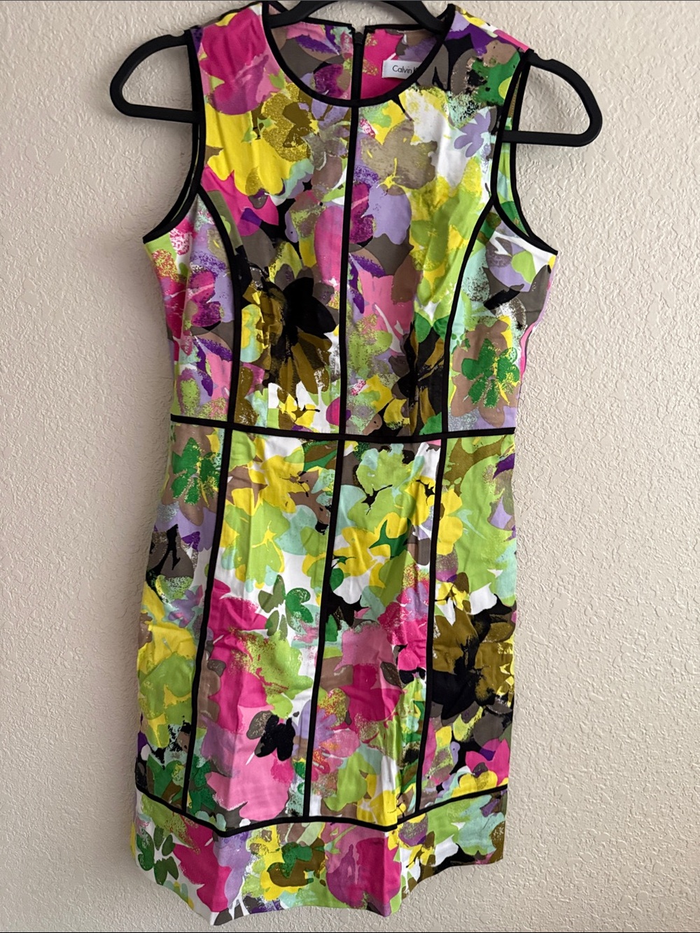 Calvin Klein Bright Floral Sheath Dress in Pink, Yellow, Green, Black